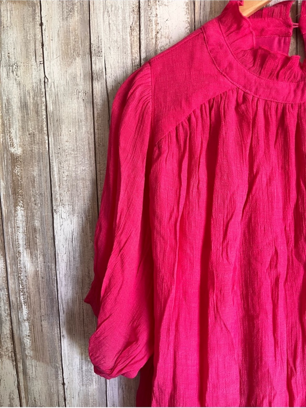 Jodifl Fuchsia Ruffle Neck Blouse Balloon Sleeve Top Large Boho Boutique - Picture 2 of 6
